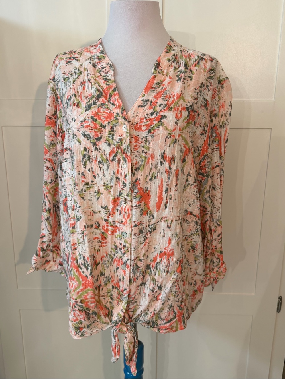 Allison Daley Coral & Green Button-Front Blouse with Tie Hem